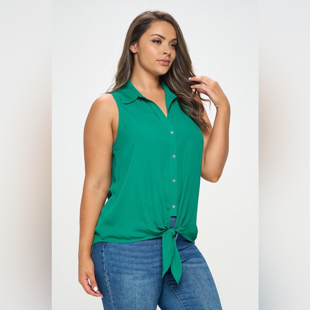 Papaya Sleeveless Sheer Button-Up Tie-Front Blouse *See callouts